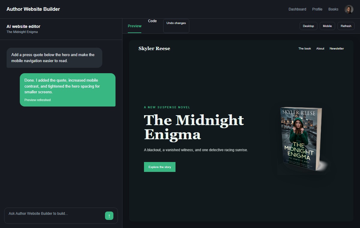 Dark mode author website editor with an AI conversation and suspense website preview