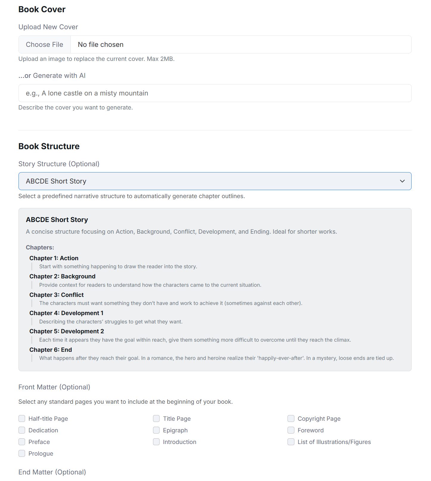 Book details and cover settings