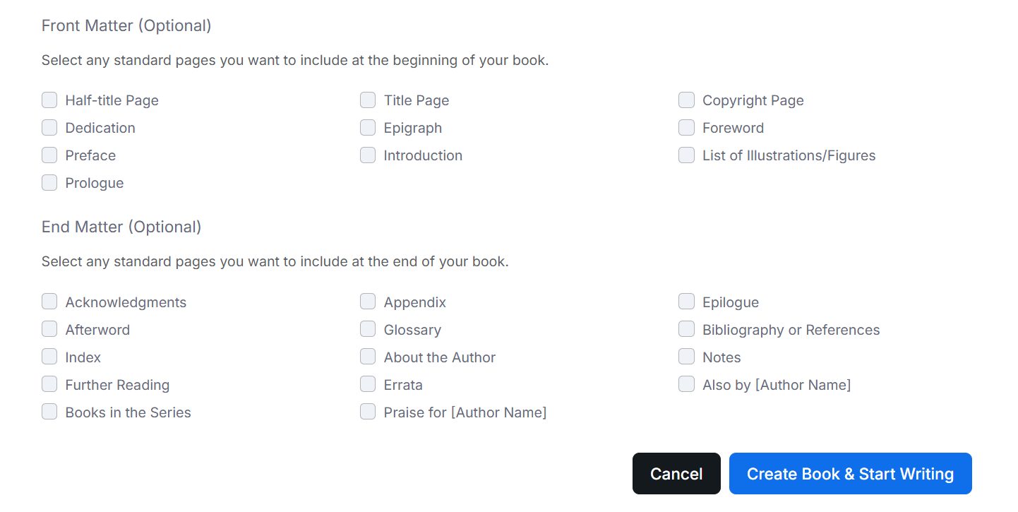 Create book screen with front and end matter options