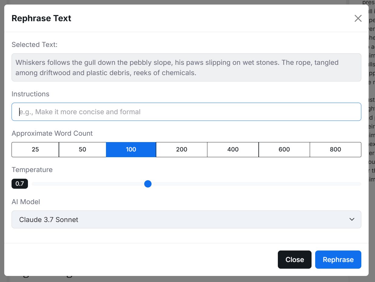 Rephrase Text dialog with custom instructions and AI model choice
