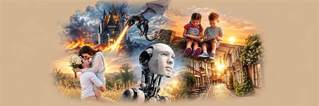 A collage of fantasy, children's stories, romance, science fiction and travel artwork