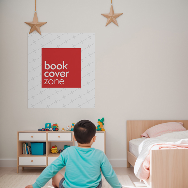 Kid with Blue Shirt Looking at Poster Mockup