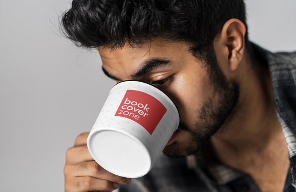 Young Man Sipping from Enamel Coffee Mug Mockup