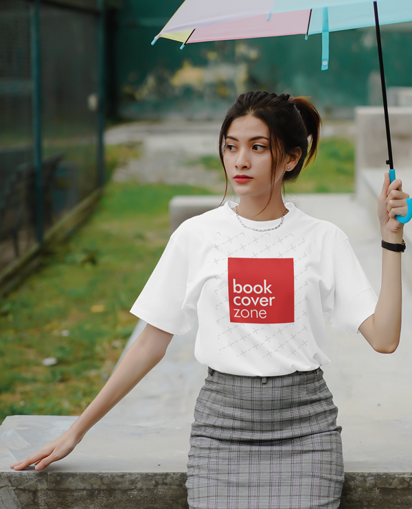 Front Side Shirt Mockup with Woman Holding Umbrella