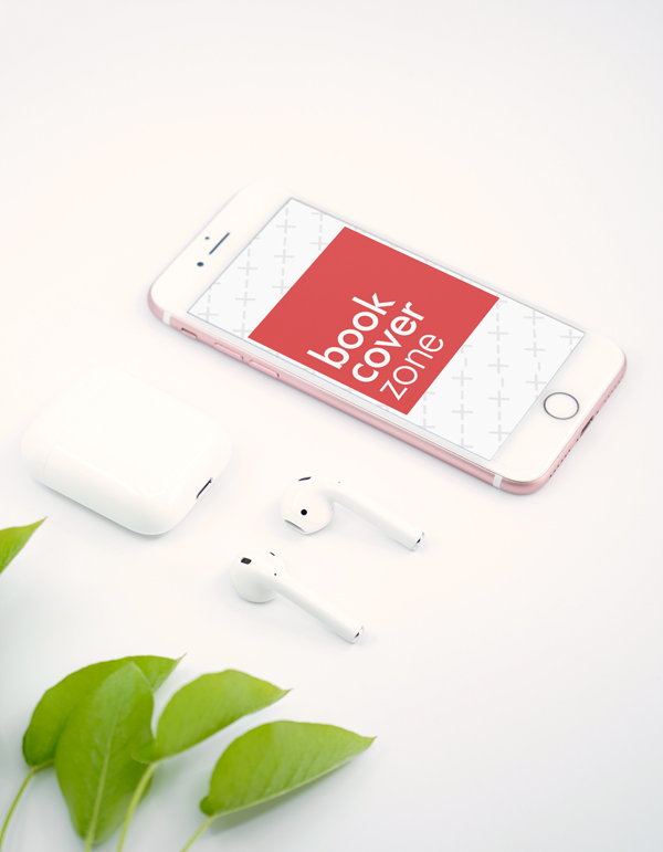 iPhone and AirPods Mockup with Decorative Leaves