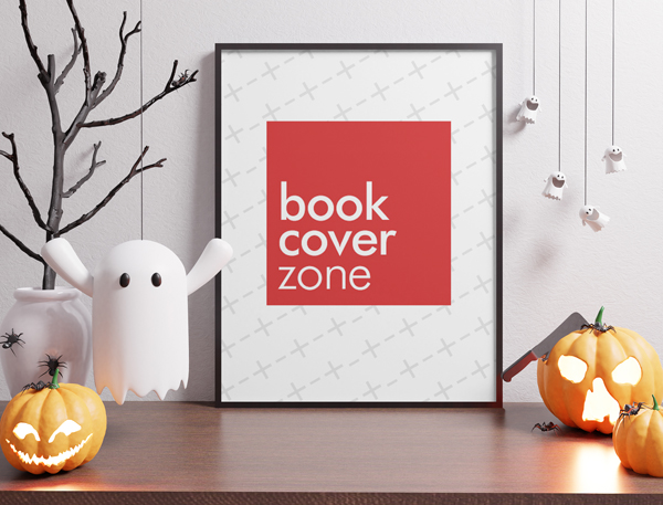 Halloween Canvas Mockup with Ghost and Pumpkin