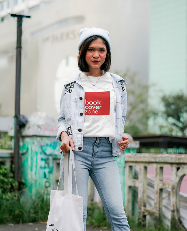 T-Shirt Mockup with Posing Woman at a Bridge