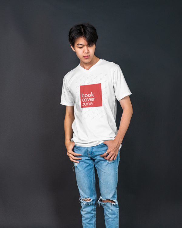 V-Neck Shirt Mockup Featuring a Young Man