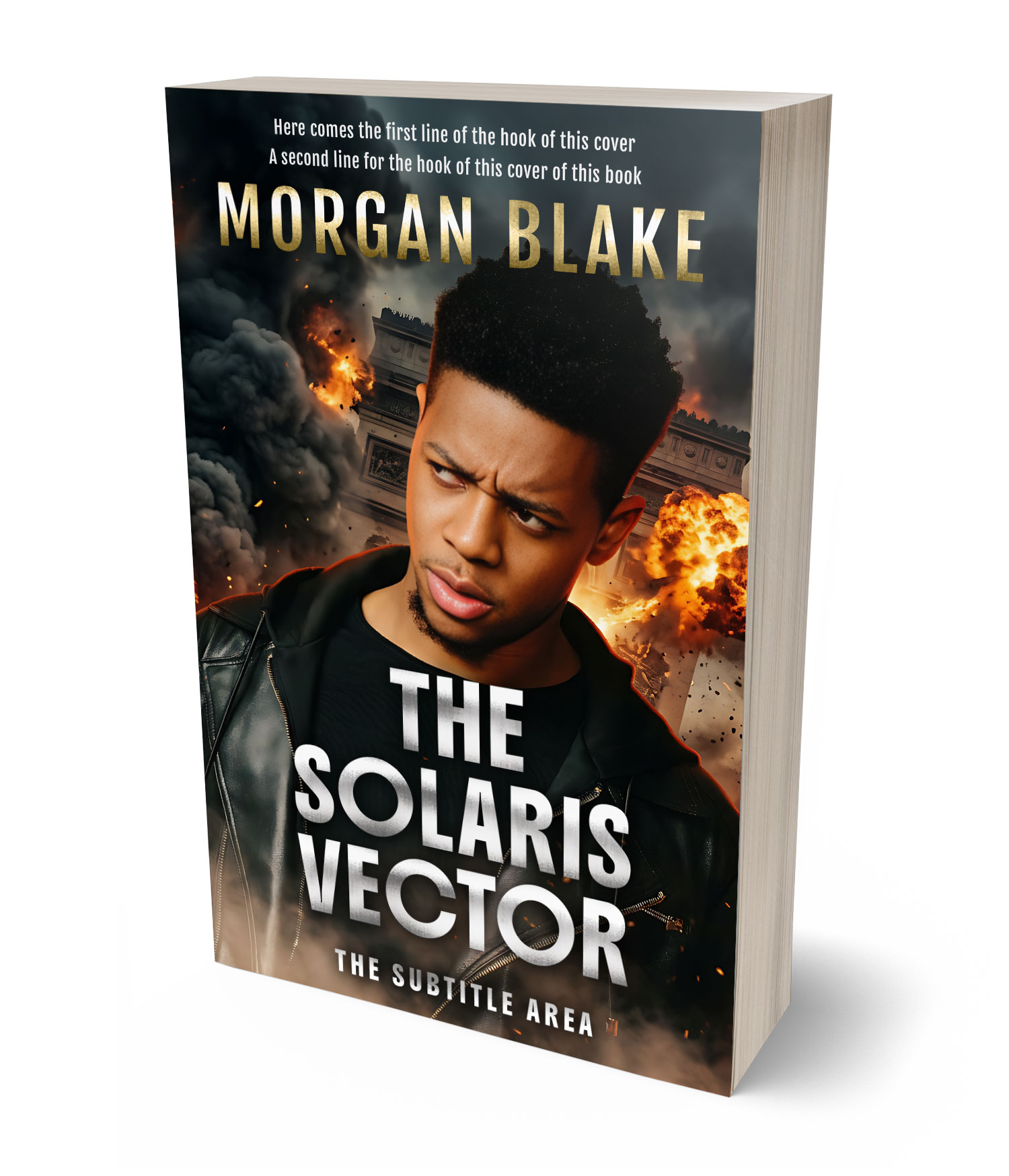 3D view of Premade Action & Adventure Book Cover - Tan #37310 | BookCoverZone